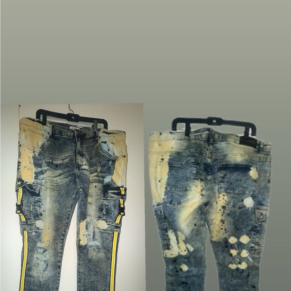 Distressed Blue Denim Cargo Jeans with Yellow Stripe FWRD Denim brand